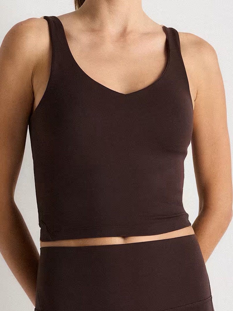 Quince Nwt Ultra-Form V-Neck Cropped Tank Espresso Brown Xl Built-In Shelf Bra